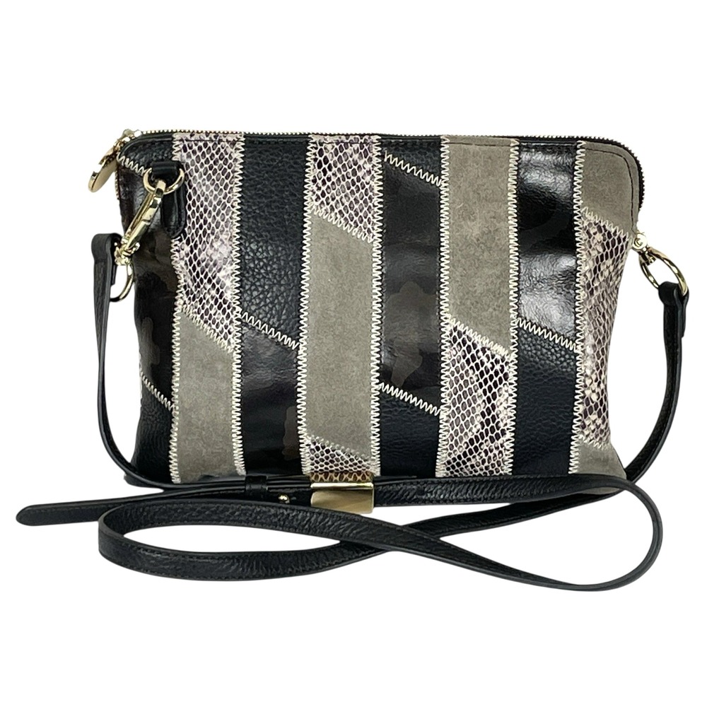 Womens Striped Black Leather Snakeskin Print Crossbody Bag Clutch Textured